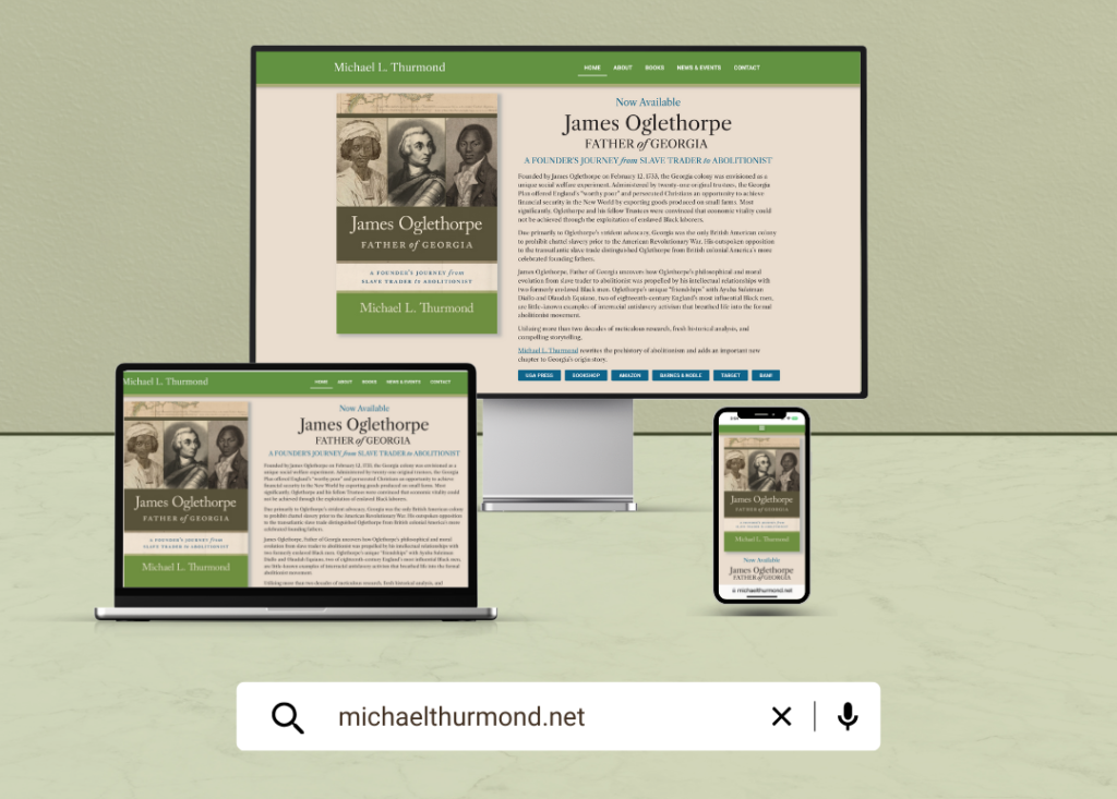 Author website for Michael L. Thurmond appears on Apple desktop monitor, laptop computer, and mobile phone